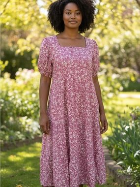 Square-Neck Floral Maxi Dress in Mauve Pink